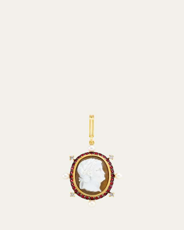 18K Yellow Gold Precious Cameo Charm with Pearls, Diamonds and Rubies